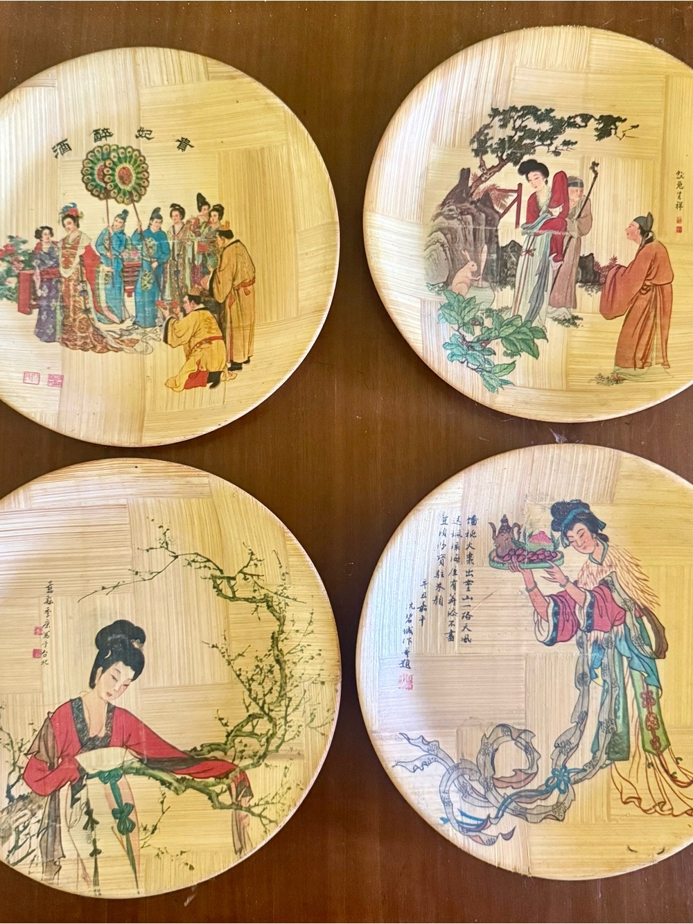 Set of 4 Decorative Bamboo Wall Plates with Chinese Illustrations